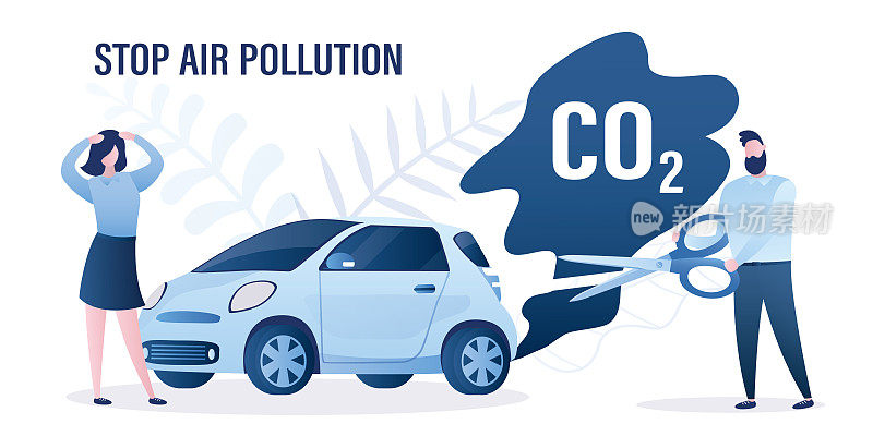 汽车与吸烟。人类减少有害气体的排放。禁止汽车污染环境。空气污染，生态问题。高排放二氧化碳。不幸的女人。使用非生态燃料自动运行。