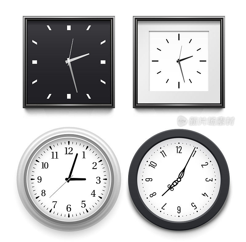 墙上挂着逼真的时钟。黑色和银色框架的圆形和方形古典钟。有数字拨号和无数字拨号