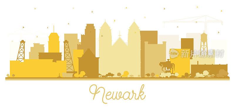 新泽西州纽瓦克市天际线剪影与白色上孤立的金色建筑。