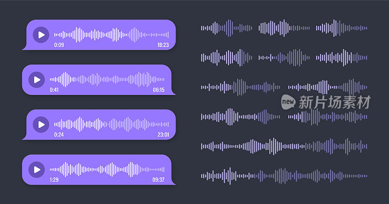 语音，语音信息，紫色语音气泡。短信文本框。社交媒体聊天或消息应用程序对话。语音助手，录音机。声波模式。黑暗的模式。矢量图