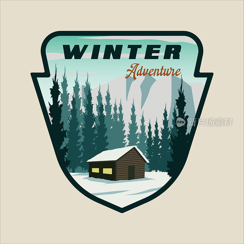 小屋或小屋在冬季景观徽标标志矢量插图模板平面设计。雪在自然森林旗帜旅游或商务旅游