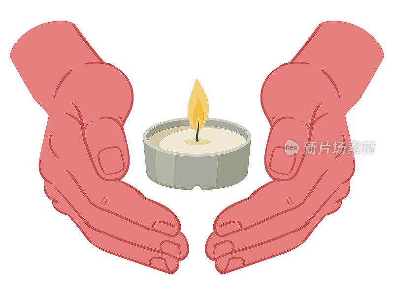 手里拿着蜡烛，可爱的卡通蜡烛。人的手拿着蜡烛，节日香薰平矢量插图在白色背景