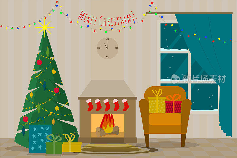 圣诞室内有树，壁炉，礼物，礼物，椅子，钟，装饰品