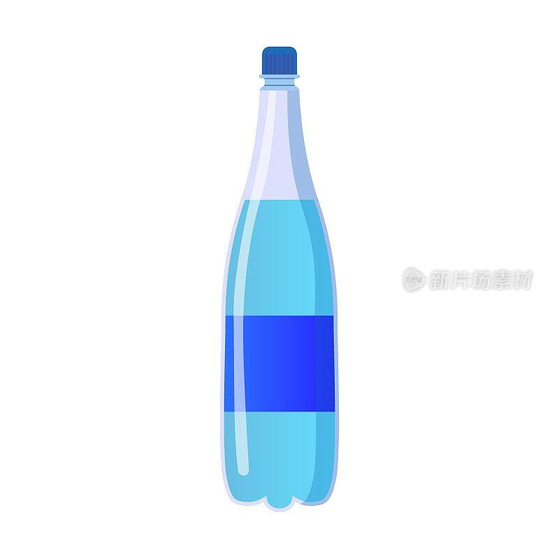 塑料饮水瓶。卡通矢量插图透明容器和烧瓶充满液体隔离在白色