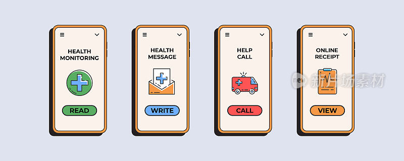 医疗应用。健康图标，监测，健康信息，电话，在线收据。在线诊断，在线医疗服务。医药智能手机界面。矢量图