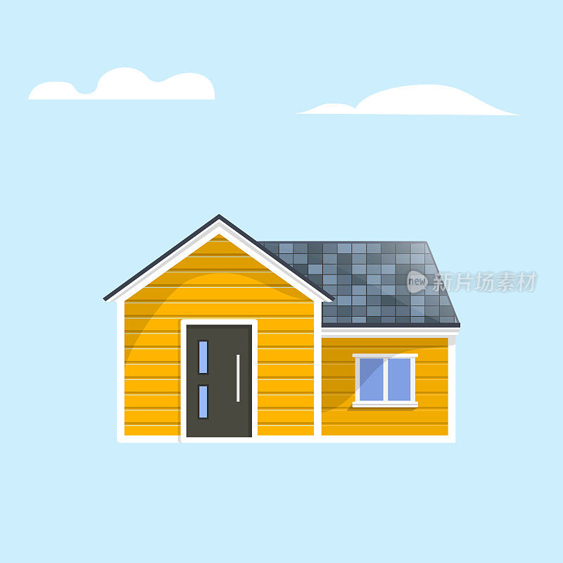 房子平面矢量图标。家与乙烯基墙板和沥青瓦矢量插图。