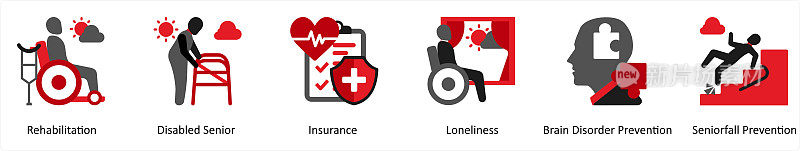 六个红色和黑色的混合图标分别是康复，残疾老人，保险