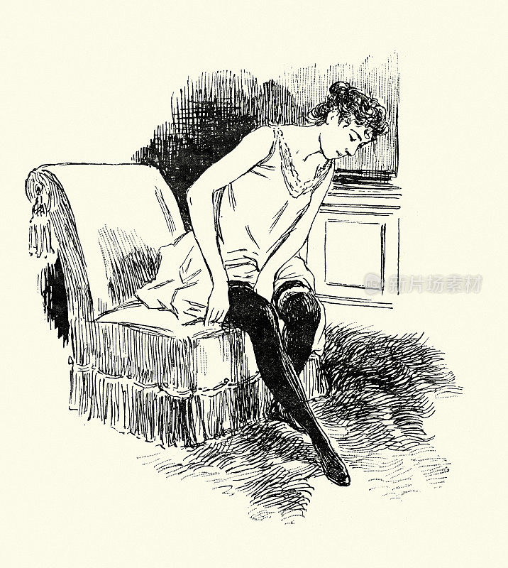 年轻女子穿衣服，坐下来穿上长袜，维多利亚，法国，19世纪