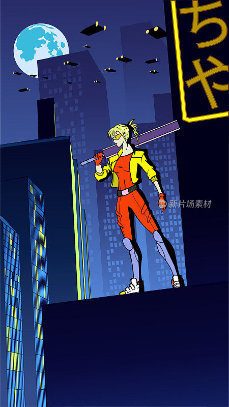 矢量动画风格的女性刺客在赛博朋克城市垂直股票插图