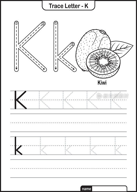 字母跟踪字母A到Z学龄前工作表与字母K猕猴桃Pro矢量