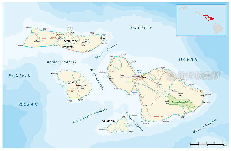夏威夷毛伊岛、莫洛凯岛、拉奈岛和卡霍拉维岛的地图