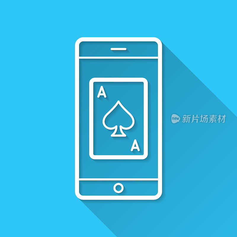 带扑克牌的智能手机。图标在蓝色背景-平面设计与长阴影
