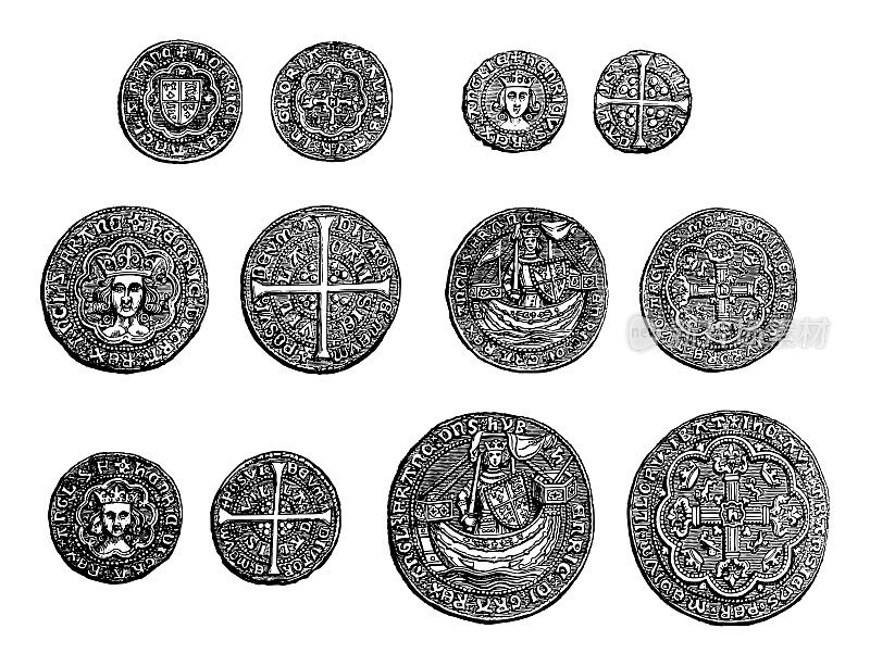亨利五世或蒙茅斯国王亨利(1413-1422)的中世纪硬币-复古雕刻插图