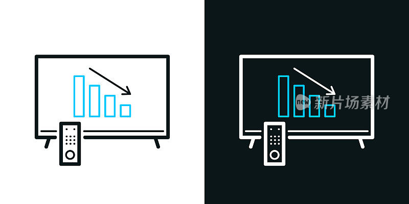 电视上的递减图。黑色或白色背景上的双色线条图标-可编辑笔触