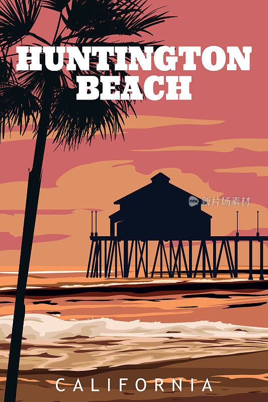 复古旅游海报亨廷顿海滩加州矢量
