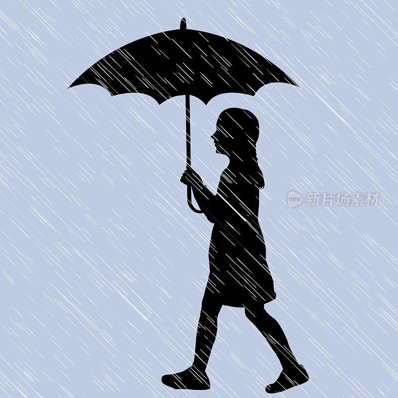 一个女孩撑着伞在雨中行走的剪影