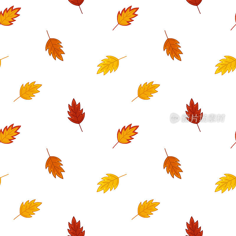 红栎树叶子落在天衣无缝的图案上。卡通、矢量