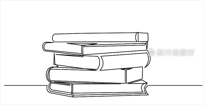 在白色背景上，连续的单线绘制书籍堆栈极简矢量插图设计。孤立的简单线条现代图形风格。手绘图形概念教育