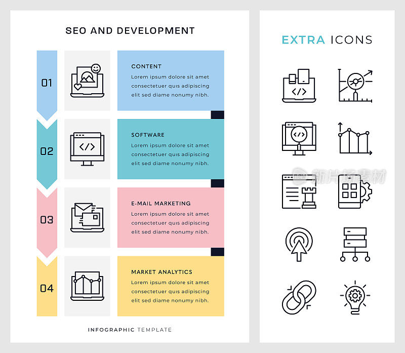 Seo和开发信息图表模板和线条图标。