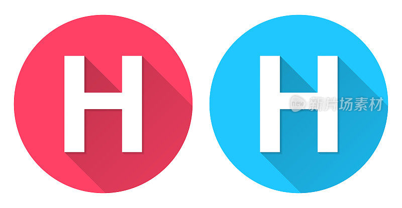 字母h圆形图标与长阴影在红色或蓝色的背景