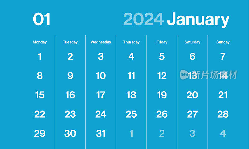 2024年1月-月历。极简风格的景观水平日历2024年。向量模板。这一周从星期一开始