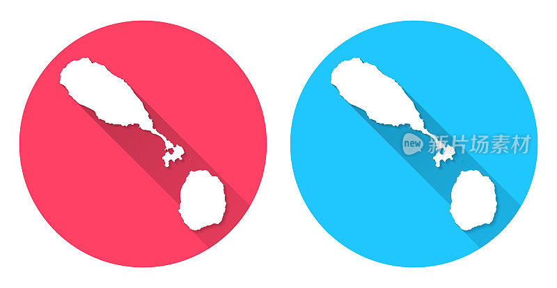 圣基茨和尼维斯地图。圆形图标与长阴影在红色或蓝色的背景