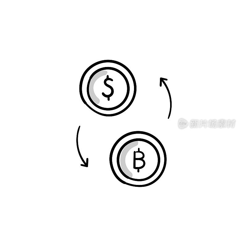 交换比特币素描涂鸦矢量线图标与可编辑的笔触。Icon适用于网页设计、移动应用、UI、UX和GUI设计。