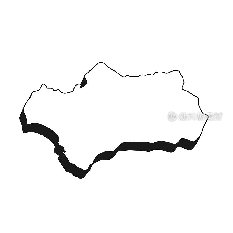 安达卢西亚地图与黑色轮廓和阴影在白色背景
