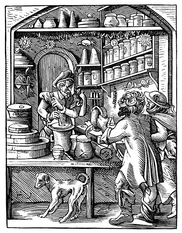 杂货店里卖药的人16世纪木刻插图