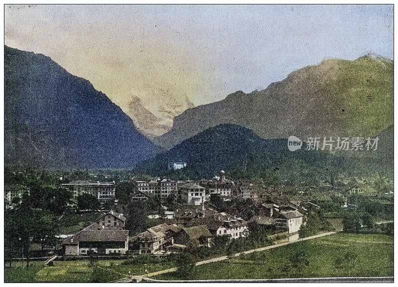 世界地标的古董照片(大约1894年):瑞士因特拉肯的少女峰
