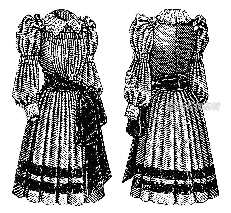 19世纪90年代维多利亚时代的时尚，19世纪的小女孩褶皱日装，玛丽袖和天鹅绒腰带(正面和背面)