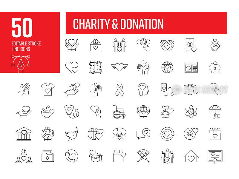慈善和捐赠线图标集。志愿者，帮助，食物，捐赠，衣服，支持