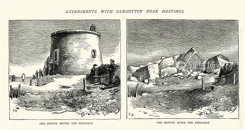 爆炸前后，19世纪70年代，黑斯廷斯附近，硝基棉的实验