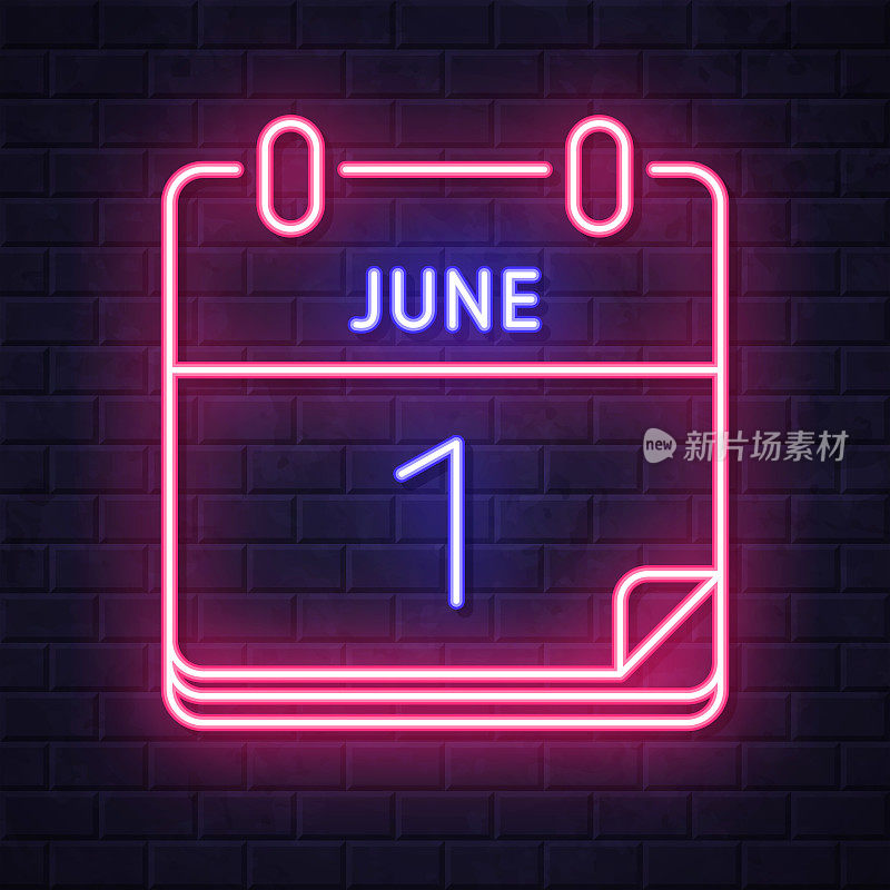 6月1日。在砖墙背景上发光的霓虹灯图标