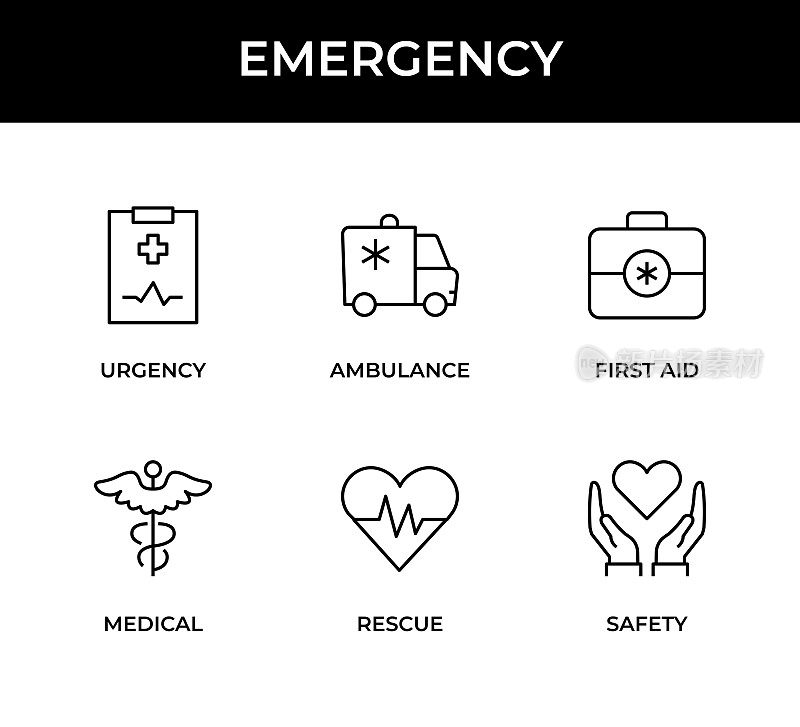 紧急图标集包含以下图标:紧急、救护车、急救、医疗、救援、安全