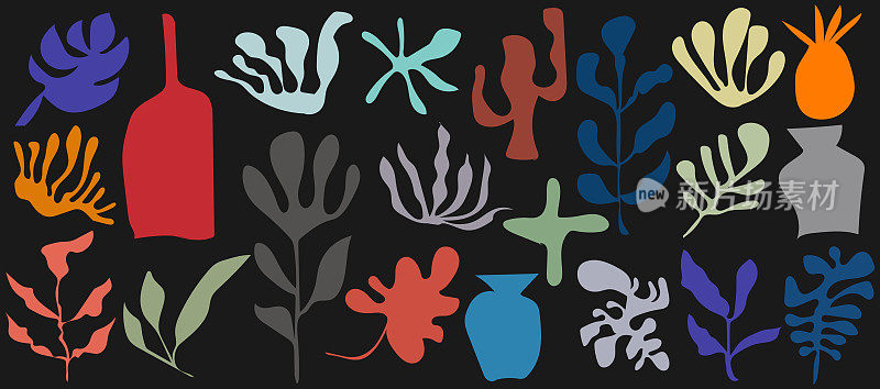 矢量集手工制作的颜色植物叶有机形状符号元素集合在黑色背景上