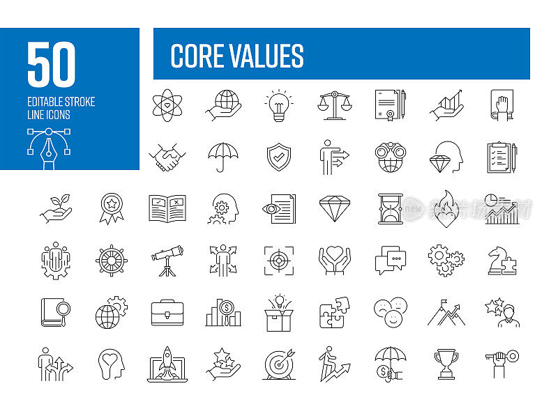 核心价值线图标集。信任、诚信、诚实、责任、品质。