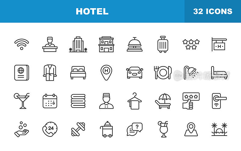 酒店线路图标。可编辑的中风。包含服务，豪华，酒店接待，出租车，餐厅，支持，游泳池，位置，海滩，早餐，接待员，宿舍等图标。