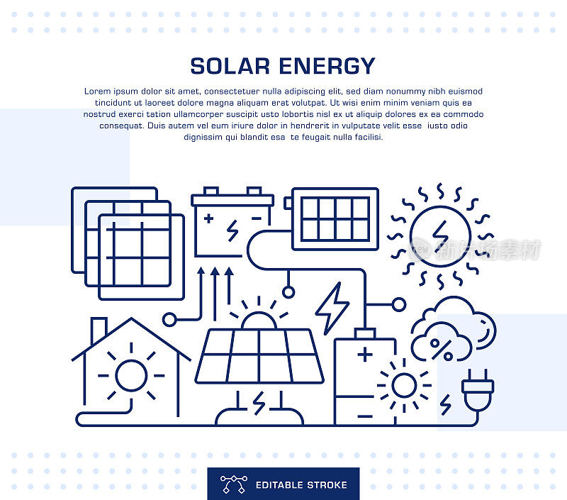 太阳能概念标题，网页横幅模板。可编辑的细线插图