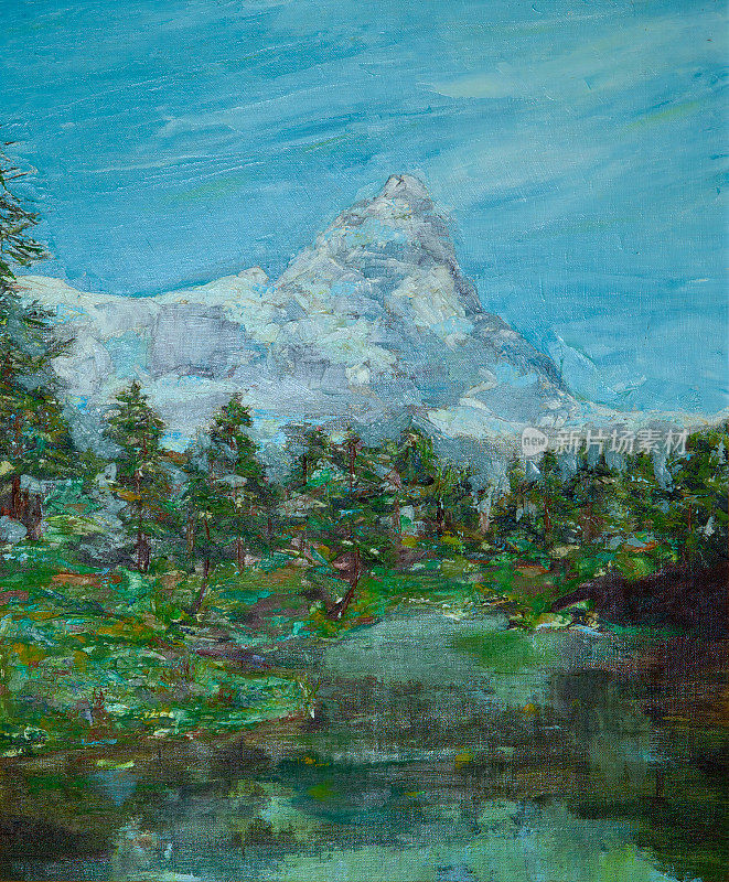 《意大利一侧的勃朗峰和蓝湖》油画，摄影师画