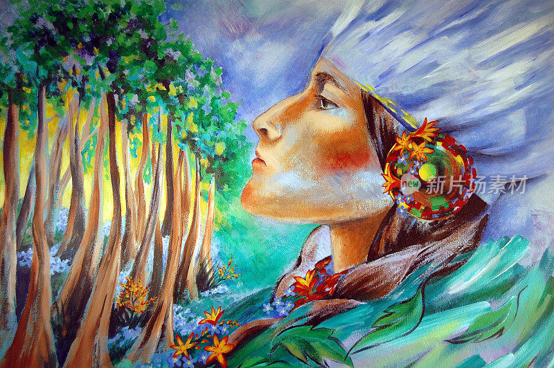 印第安女人和森林的叶子