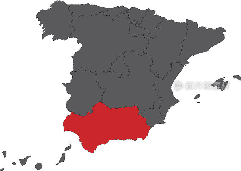 安达卢西亚红色地图上的灰色西班牙地图矢量