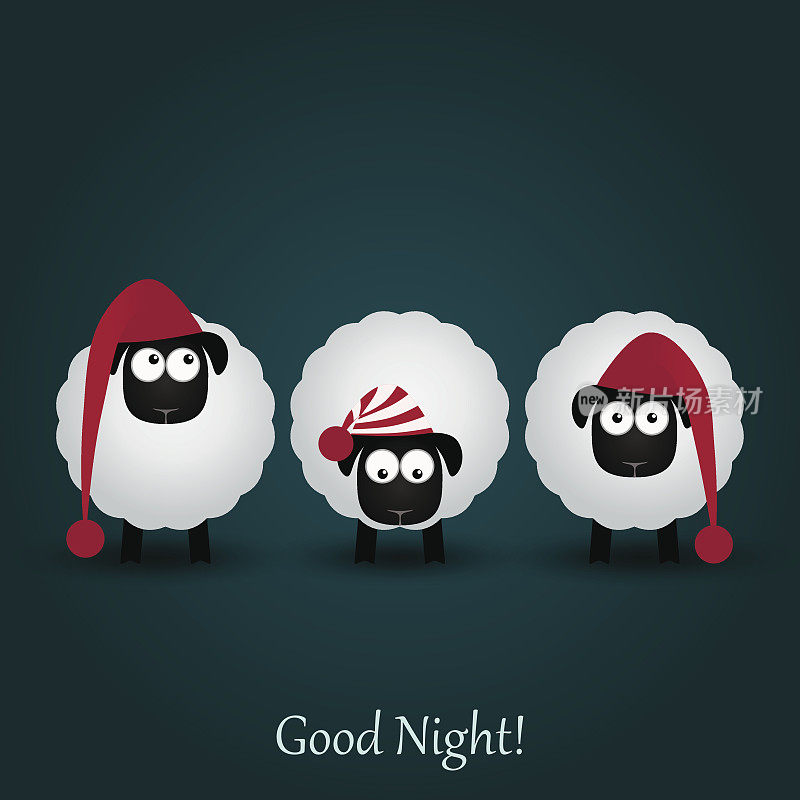 三只可爱的卡通绵羊戴着滑稽的帽子。晚安，各位。