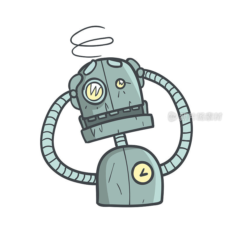 晕蓝色机器人卡通概述插图与可爱的机器人和他的情绪