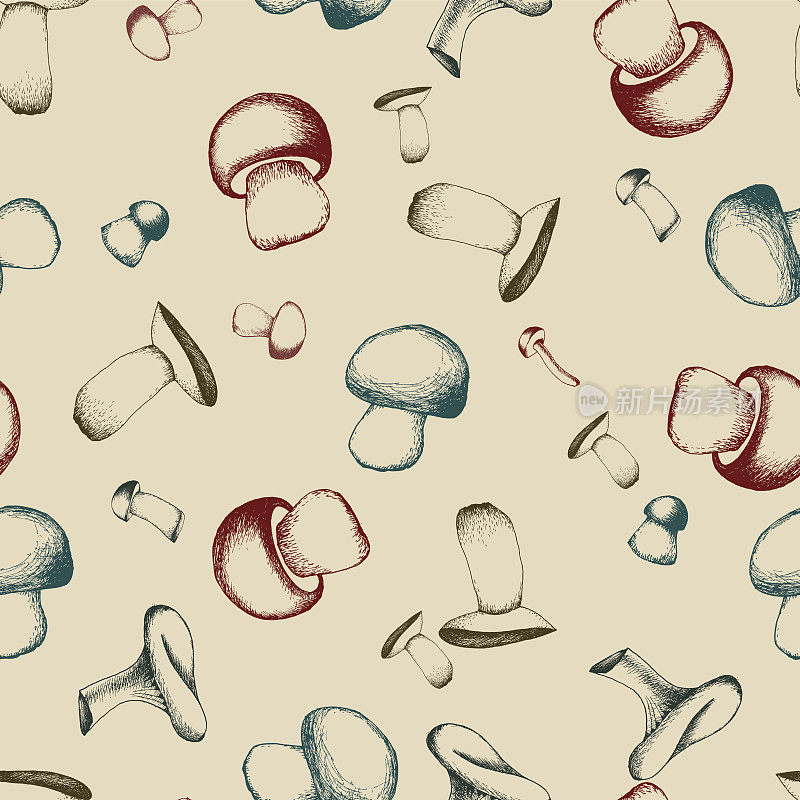 手绘无缝模式与蘑菇