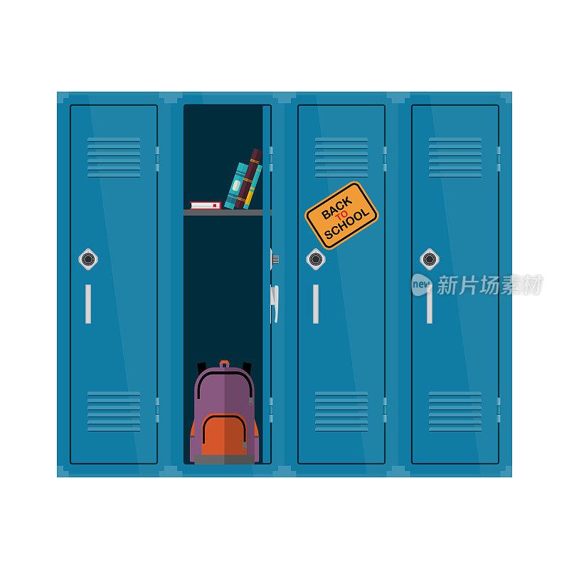 欢迎回到学校插图。平面矢量的孩子clipart与书和背包橱柜。学校储物柜教育设计。丰富多彩的室内