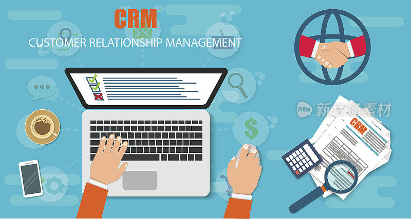CRM:客户关系管理。会计系统、客户、支持、交易的平面图标。与客户一起工作的数据组织，CRM概念。