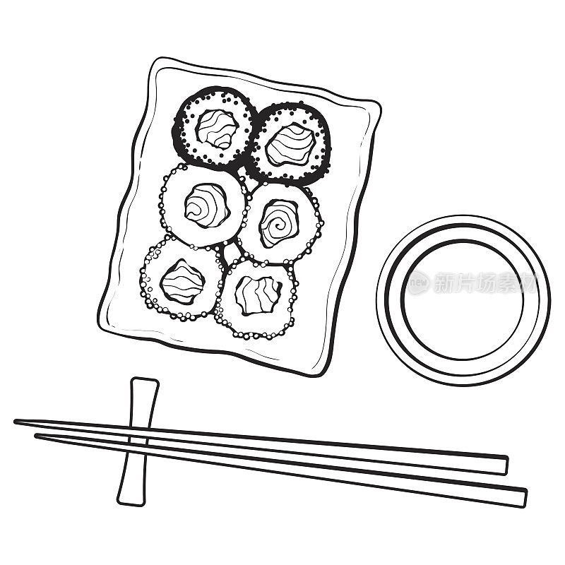 一盘日本寿司，卷，筷子和酱油碗