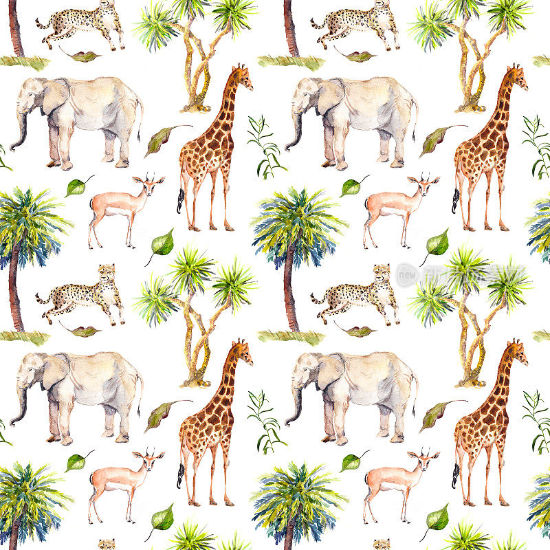 野生动物——长颈鹿、大象、猎豹、羚羊。有棕榈树的大草原。重复的背景。水彩