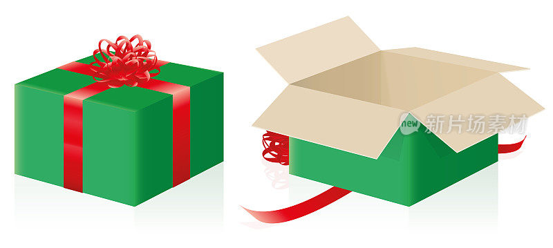 礼品包装-关闭，包装和打开圣诞礼物-三维孤立矢量插图在白色的背景。